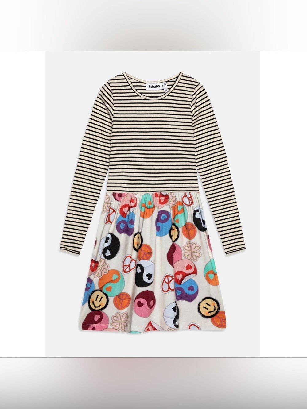 Molo Credence Girls Dress Organic Cotton Yin Yang Peace 70s Stripe Graffiti Art